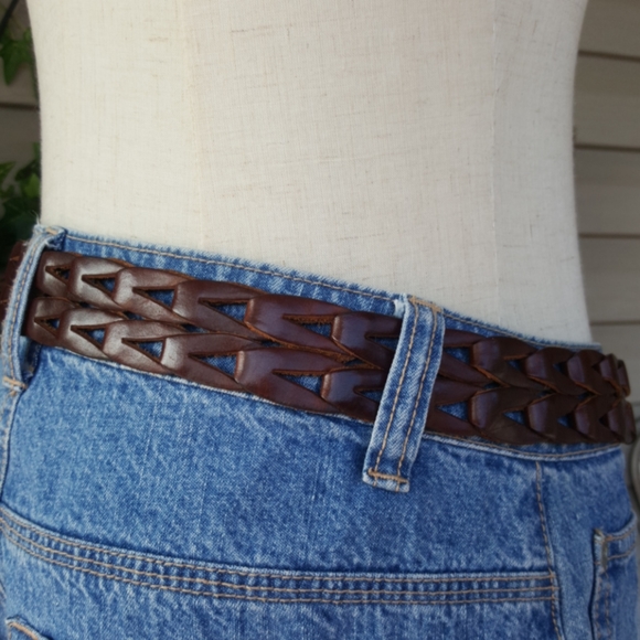 LIMITED ♡ Gorgeous Vintage Soft Genuine Brown Interwoven Design Leather Belt M - Picture 7 of 17